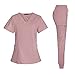niaahinn Scrub Suit Set for Women Modern V-neck Top & Tapered Leg Jogger Pants with Drawstring Medical Nursing Uniforms Set (Pink, L)