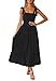 ZESICA Women's 2024 Summer Boho Spaghetti Strap Square Neck Solid Color Ruffle A Line Beach Long Maxi Dress,Black,Small