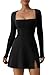 QINSEN Woman's Solid Black Mini Dress Long Sleeve Square Neck Stretch Flare Dresses M