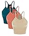 ODODOS Women's Crop Camisole 3-Pack Washed Seamless Rib-Knit Crop Tank Tops, Long Crop, Beige Coral Teal, Medium/Large