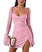 HTZMO Sexy Women's Halter Flounce Sleeves Ruched Mini Dress Sheer Mesh Side Split Cute Party Short Dresses Pink S