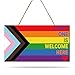 Whaline Everyone Is Welcome Here Wooden Hanging Sign LGBTQ Rainbow Door Sign Hanger Gay Lesbian Pride Wall Decorations for Pride Parade Wall Art Front Door Home Decor