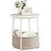 VASAGLE Small Round Side End Table, Modern Nightstand with Fabric Basket, Bedside Table for Living Room Bedroom, Classic White and Sand Beige LET223W10