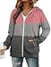 Bofell Zipper Hoodie Women Lightweight Jacket Zip Up Fall Sweatshirts Hooded Color Block Pink 2XL