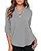 roswear Women's Chiffon V-Neck Business Casual Blouse Work Tops with Cuffed Sleeves Grey X-Large