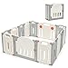 Costzon Baby Playpen, 14-Panel Foldable Large Baby Playard w/Locking Gate, Non-Slip Rubber Bases, Adjustable Shape, Portable Baby Fence Play Area Design for Indoor Outdoor Use (Beige + Gray)