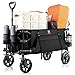 Navatiee Collapsible Folding Wagon, Heavy Duty Utility Beach Wagon Cart with Side Pocket and Brakes, Large Capacity Foldable Grocery Wagon for Garden Sports Outdoor Use, S1