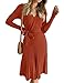 ZESICA Women's 2024 Fall Long Sleeve Wrap V Neck Ribbed Knit Pleated A Line Pullover Sweater Dress with Belt,Rust,Medium