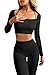 OQQ Women's Yoga 2 Piece Seamless Ribbed Workout High Waist Legging Crop Top Exercise Set Outfit, Black, Large
