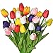 WISTART 24pcs Multicolor Artificial Tulips Flowers Fake Faux PU Tulip Bouquet Real Touch Flower Arrangement for Home Room Office Party Wedding Decoration Excellent Gift Idea for Mothers Day