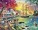 Springbok - Oceanside Sunset - 1000 Piece Jigsaw Puzzle Illustration of Villa on Waters Edge with Ship Sailing in